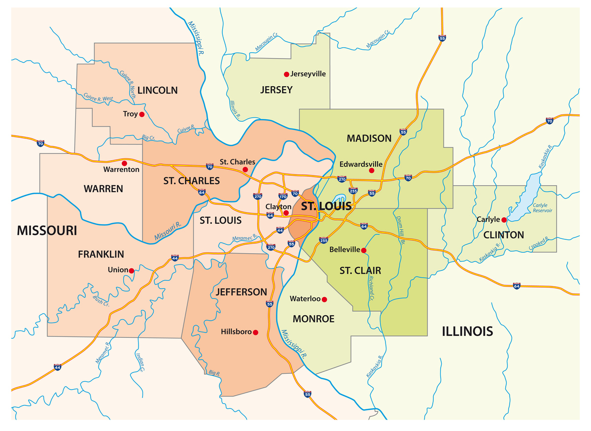 Map of Upward Roofing service area covering St. Louis City, St. Louis County, St. Charles County, and Metro East Illinois